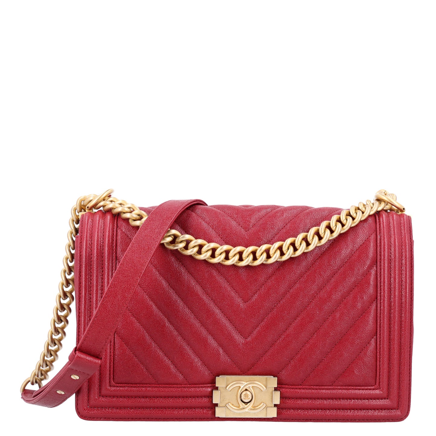 Caviar Chevron Quilted Medium Boy Flap Red