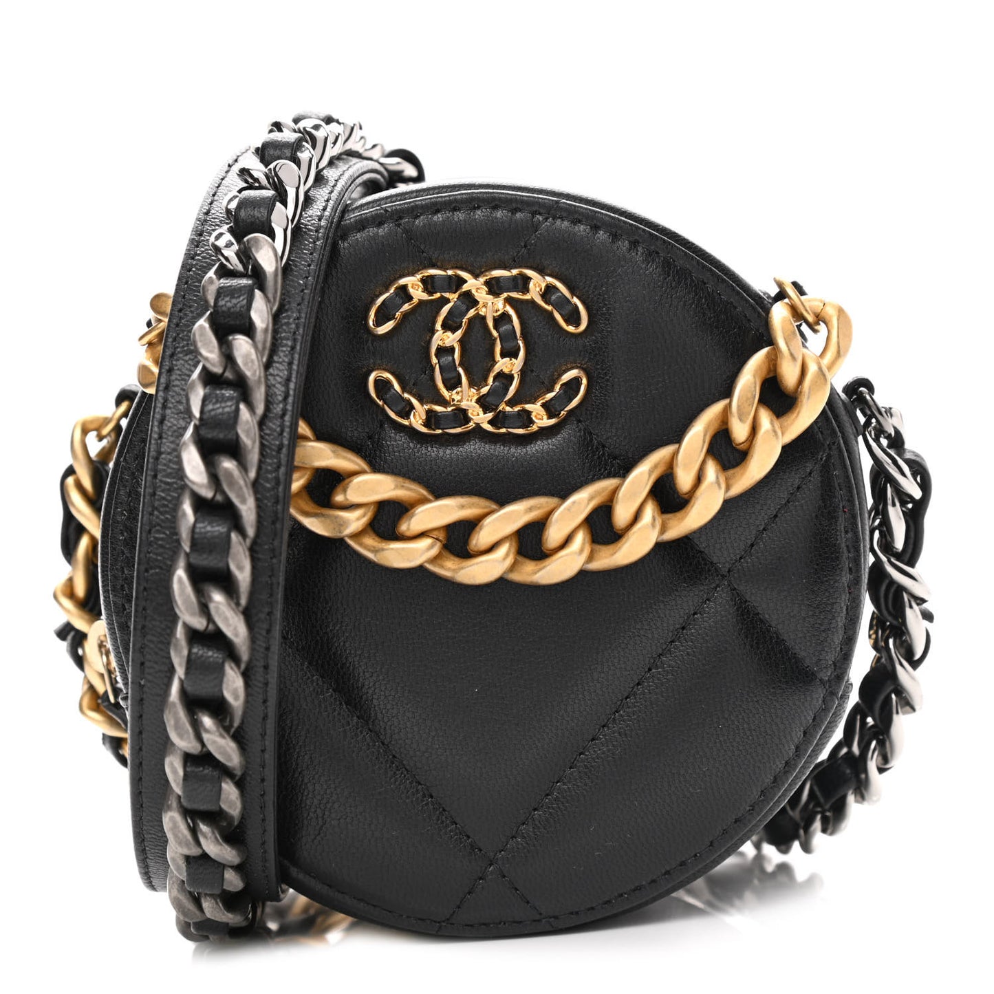 Lambskin Quilted Chanel 19 Round Clutch With Chain Black