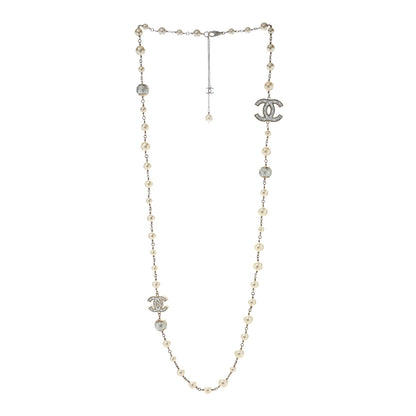 Chanel Metal Quilted Pearl CC Long Necklace Light Gold 3 of 5