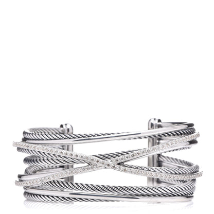 David Yurman Sterling Silver Diamond Crossover Five Row Cuff Bracelet 1 of 4