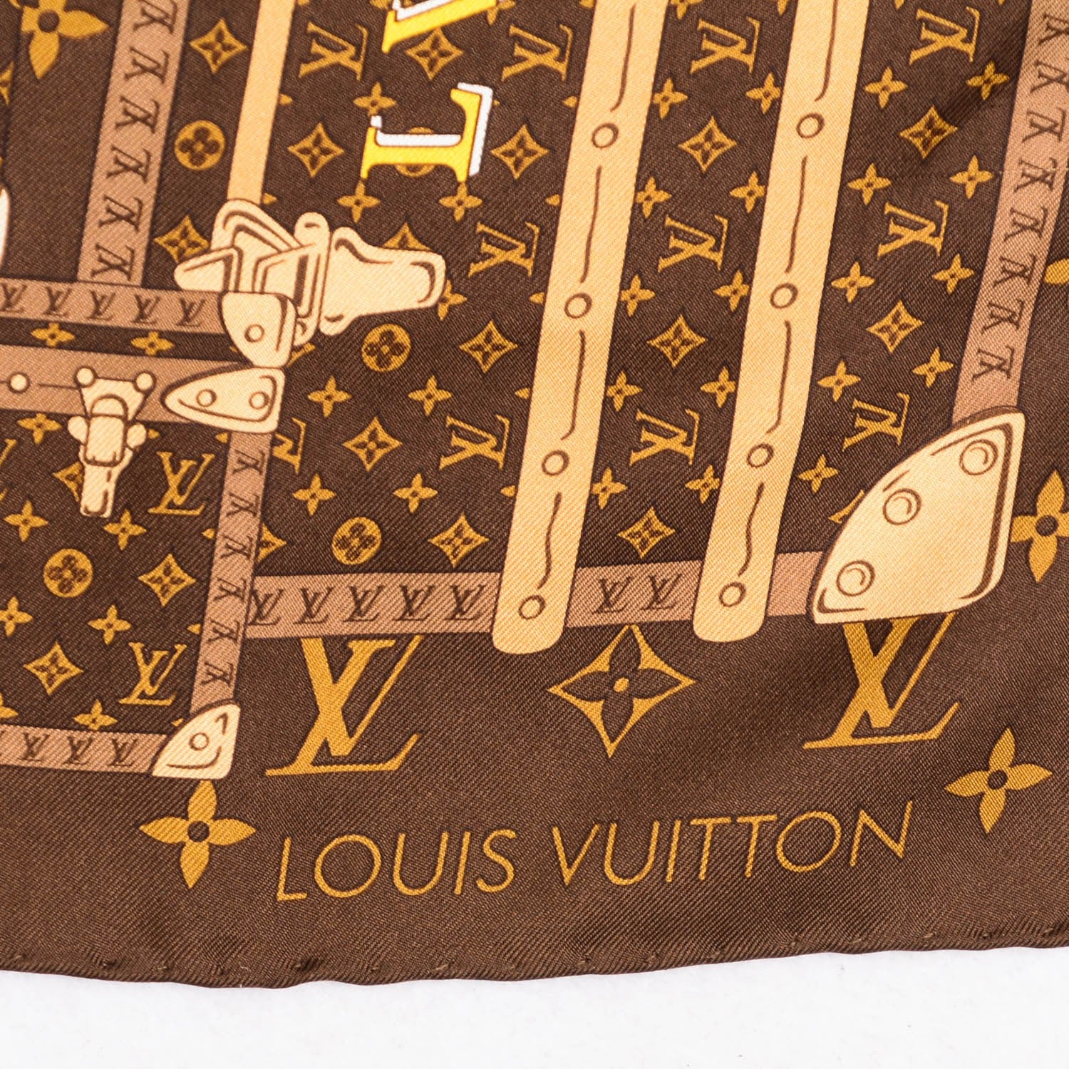 Louis Vuitton Silk Monogram Trunks Square Scarf Brown 3 of 5