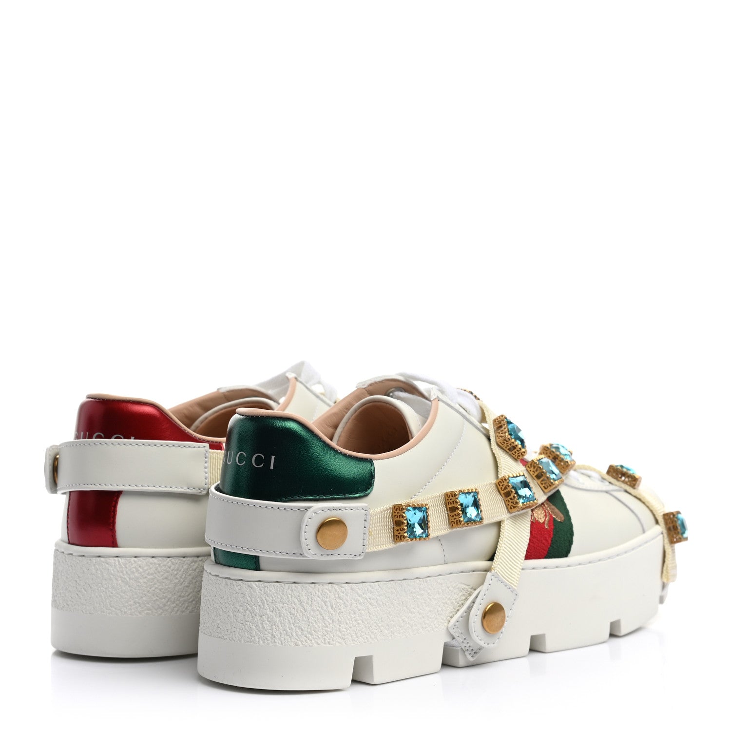 Gucci Calfskin Removable Crystals Bee Embroidered Ace Platform Sneakers 37.5 White 4 of 8