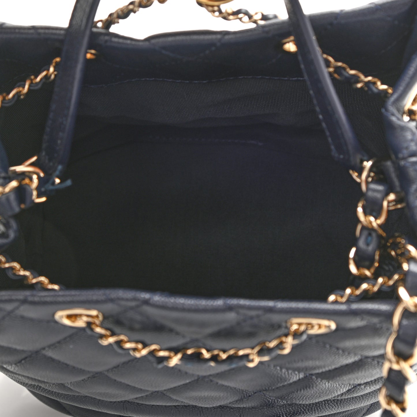 Caviar Quilted Rolled Up Bucket Drawstring Bag Navy