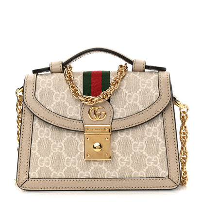 Gucci GG Supreme Monogram Textured Dollar Calfskin Web Mini Ophidia Padlock Top Handle Chain Shoulder Bag Beige Mystic White Oatmeal 1 of 7