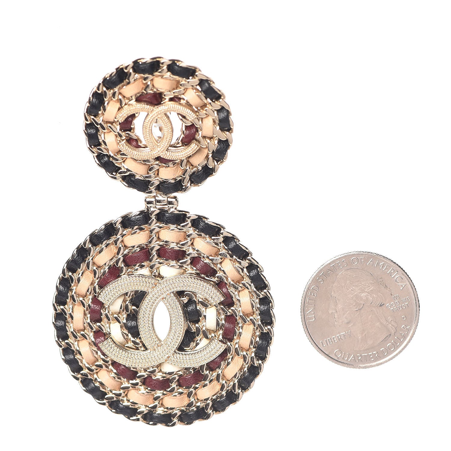 Chanel Lambskin Leather Medals CC Drop Clip On Earrings Black Beige Gold 2 of 4