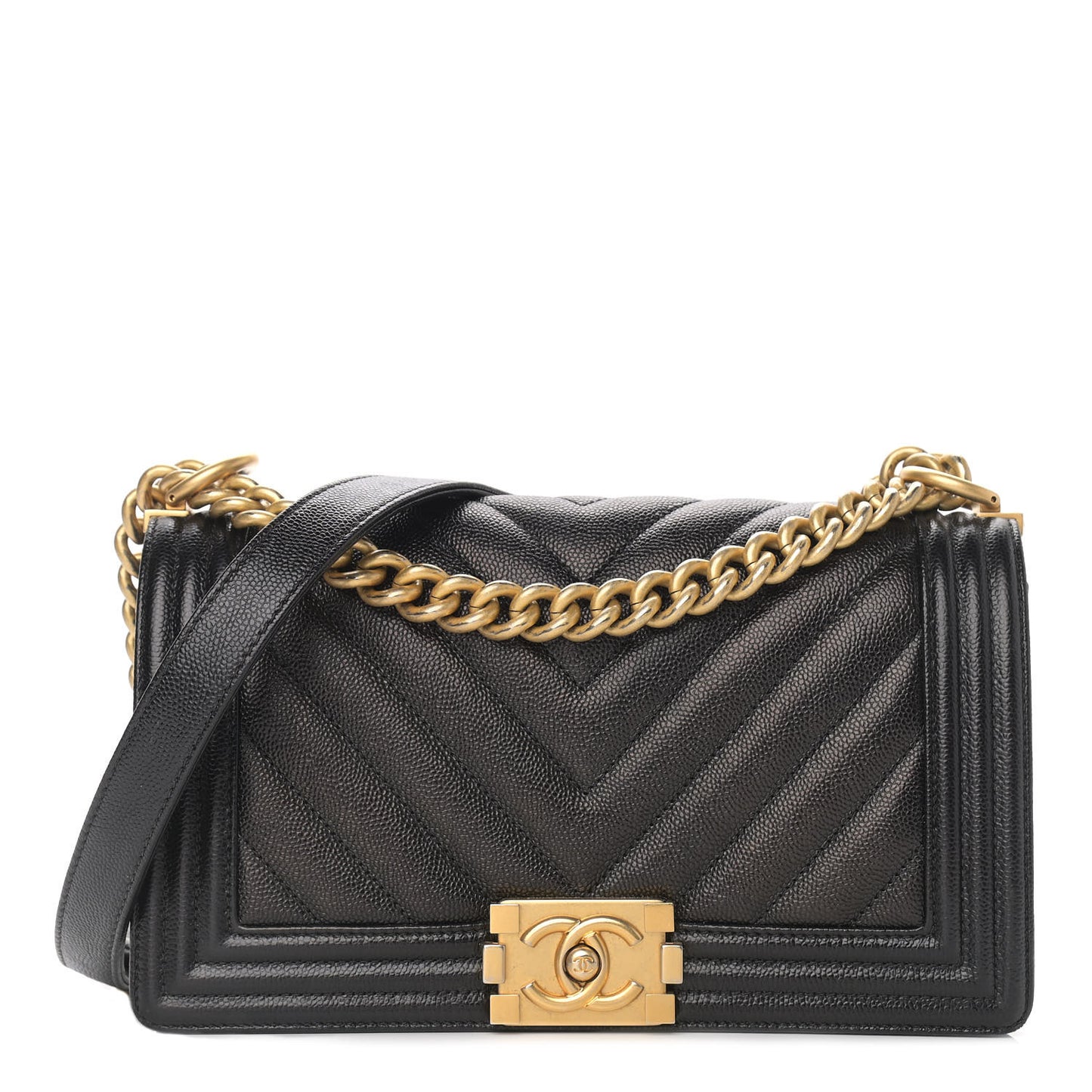 Caviar Chevron Quilted Medium Boy Flap Black