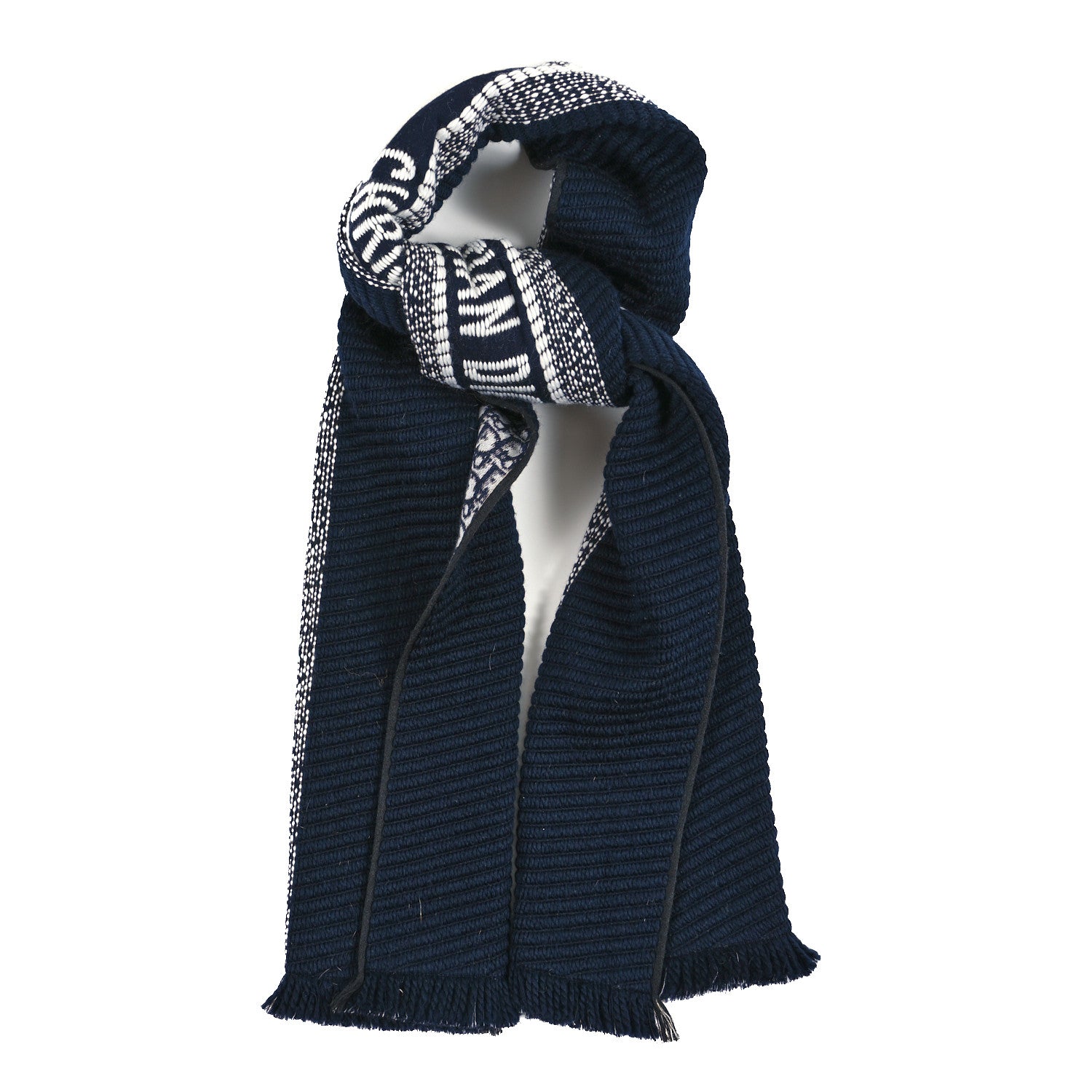 Christian Dior Wool Silk Oblique University Reversible Scarf Navy Blue 1 of 4