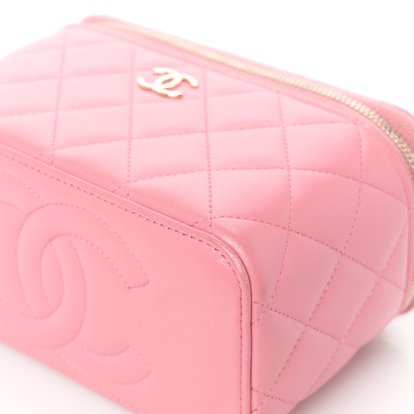 Lambskin Quilted Small Top Handle Vanity Case With Chain Dark Pink