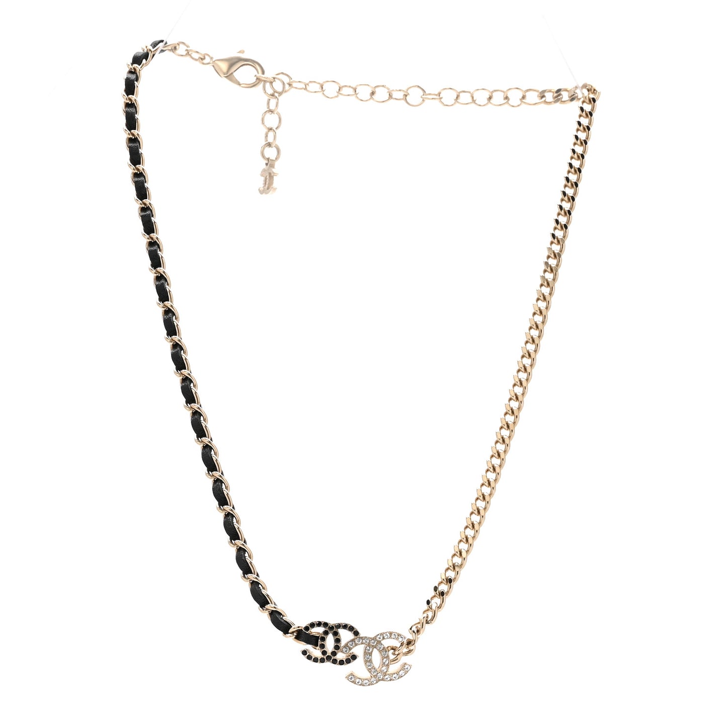 Metal Calfskin Crystal Double CC Short Necklace Black Gold
