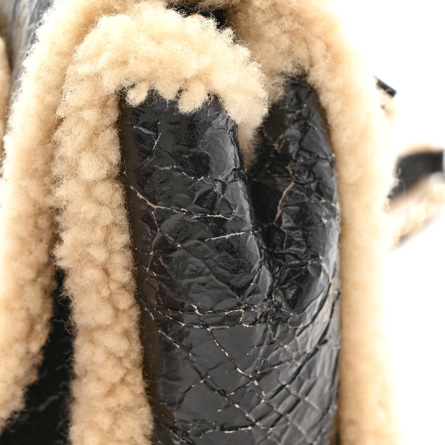Shiny Crumpled Sheepskin Shearling CC Mania Flap Bag Black Beige