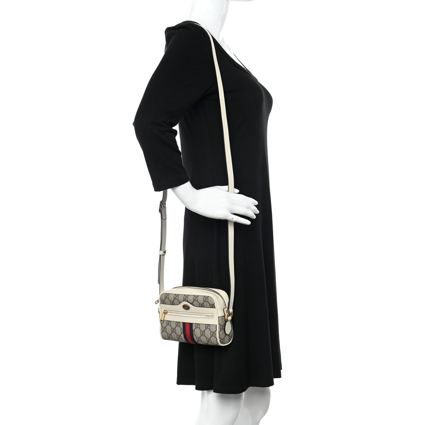 GG Supreme Monogram Textured Calfskin Web Mini Ophidia Shoulder Bag Beige Ebony Mystic White