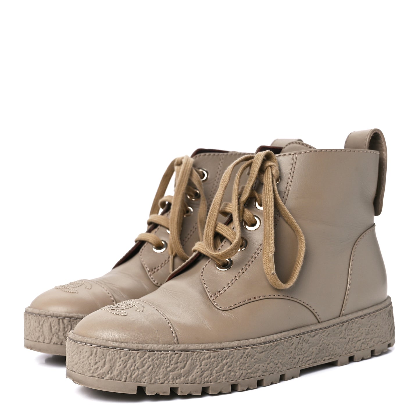 Calfskin CC Turnlock Lace Up Boots 37.5 Beige