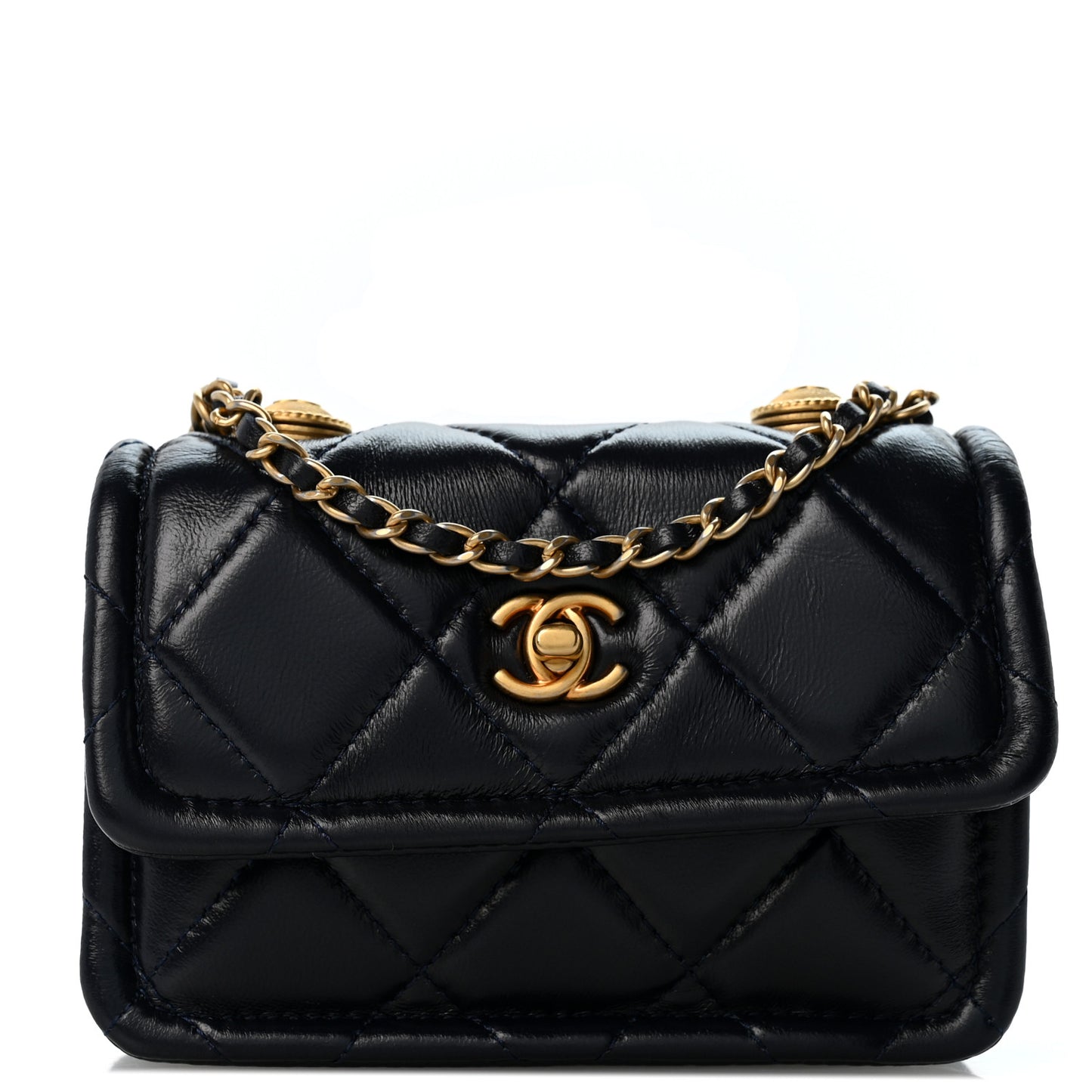 Shiny Lambskin Quilted Extra Mini Flap Navy Blue