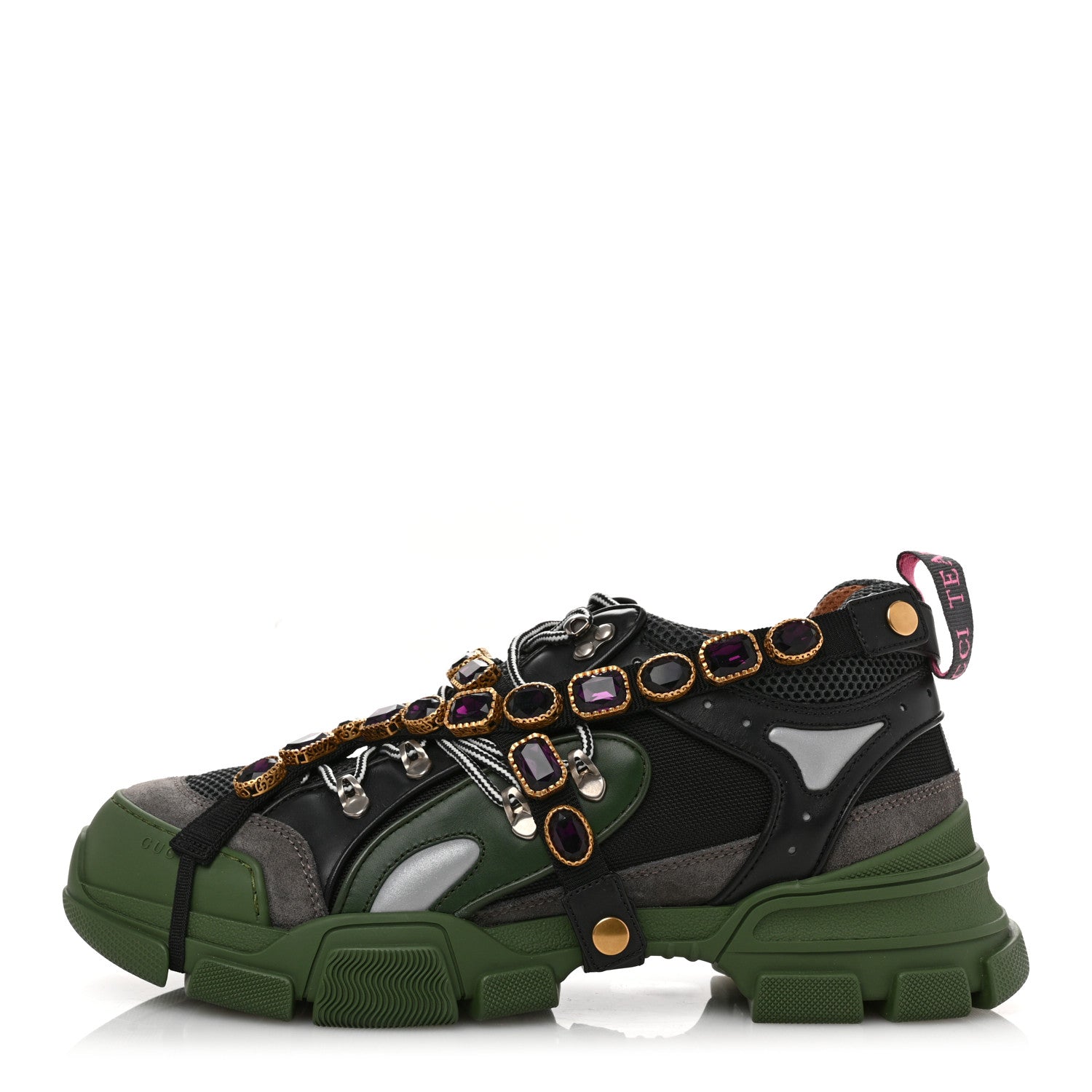Gucci X SEGA Mesh Suede Calfskin Removable Crystals Mens Flashtrek Sneakers 12 Loess Black Olive Green 1 of 10