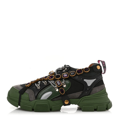 Gucci X SEGA Mesh Suede Calfskin Removable Crystals Mens Flashtrek Sneakers 12 Loess Black Olive Green 1 of 10