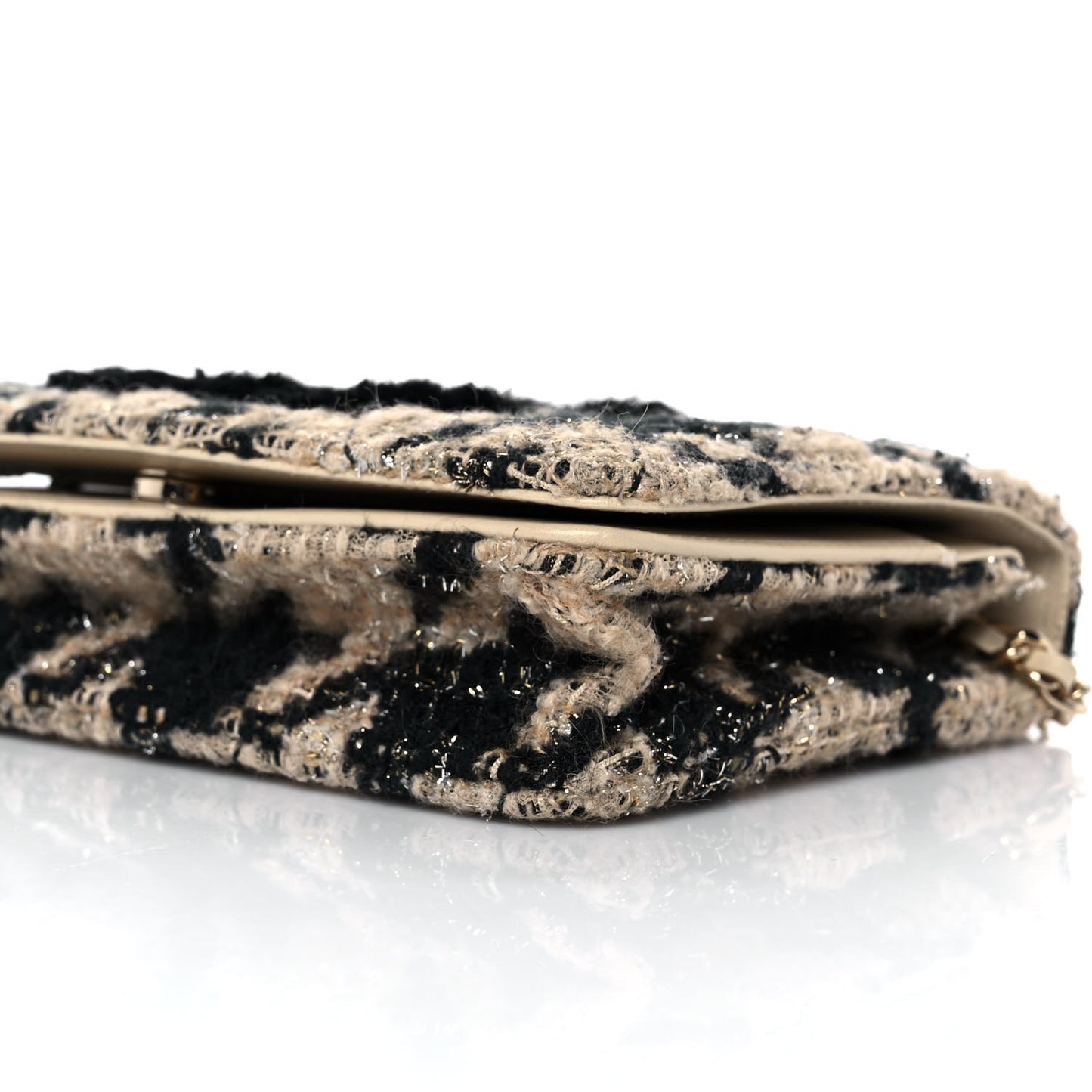 Tweed Shearling Quilted Chanel Wallet On Chain WOC Beige Black