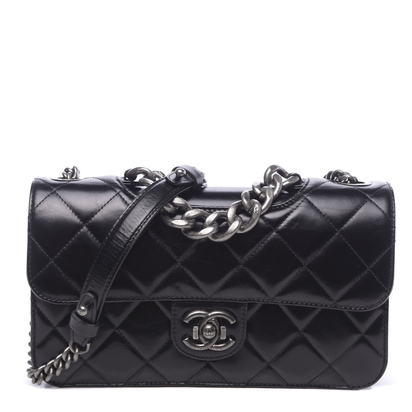 Glazed Calfskin Quilted Medium Perfect Edge Flap Black