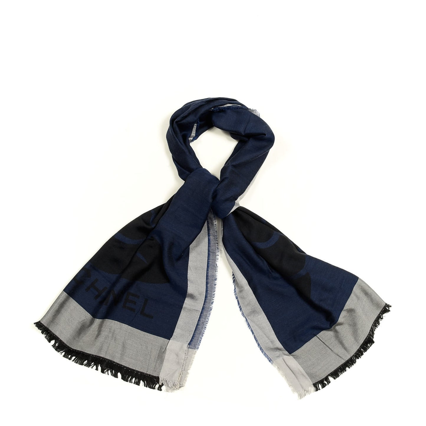 Silk Cashmere Camellia Fringe Scarf Navy Blue Black