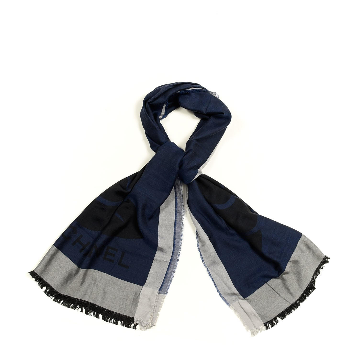 Chanel Silk Cashmere Camellia Fringe Scarf Navy Blue Black 1 of 4