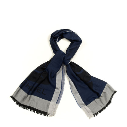 Chanel Silk Cashmere Camellia Fringe Scarf Navy Blue Black 1 of 4