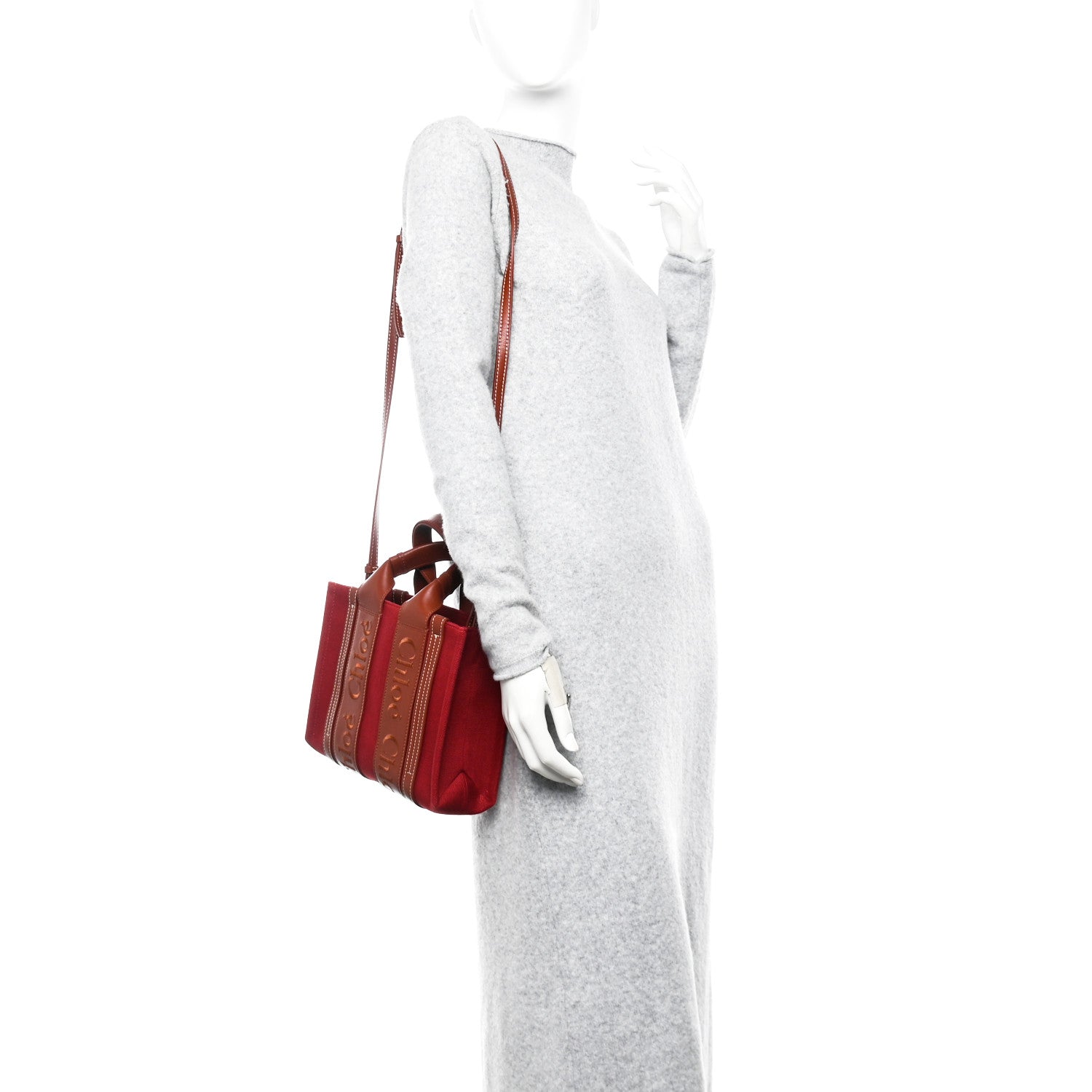 Chloe Cotton Calfskin Small Woody Ribbon Tote With Strap Dark Red 2 of 10