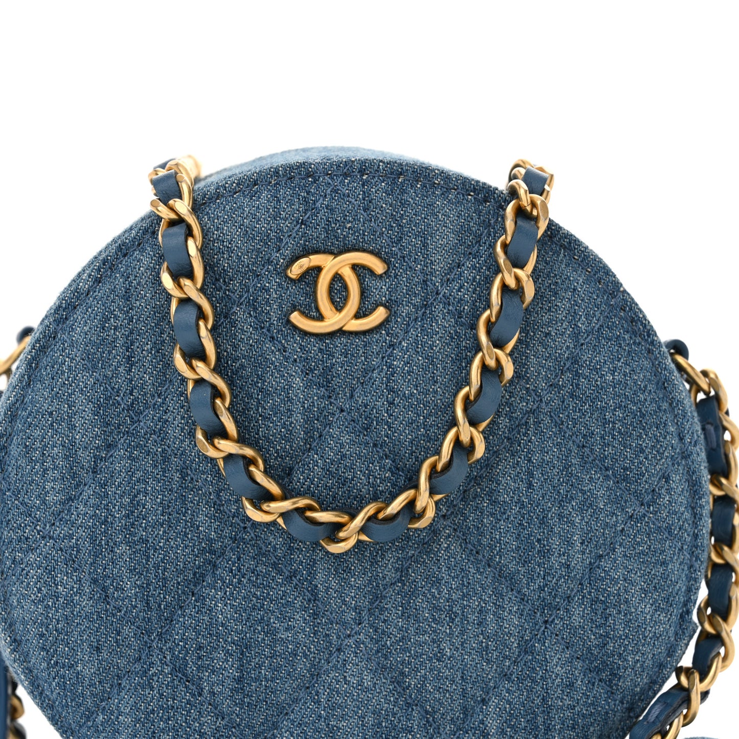 Denim Quilted Round Pearl Crush Clutch With Chain Blue