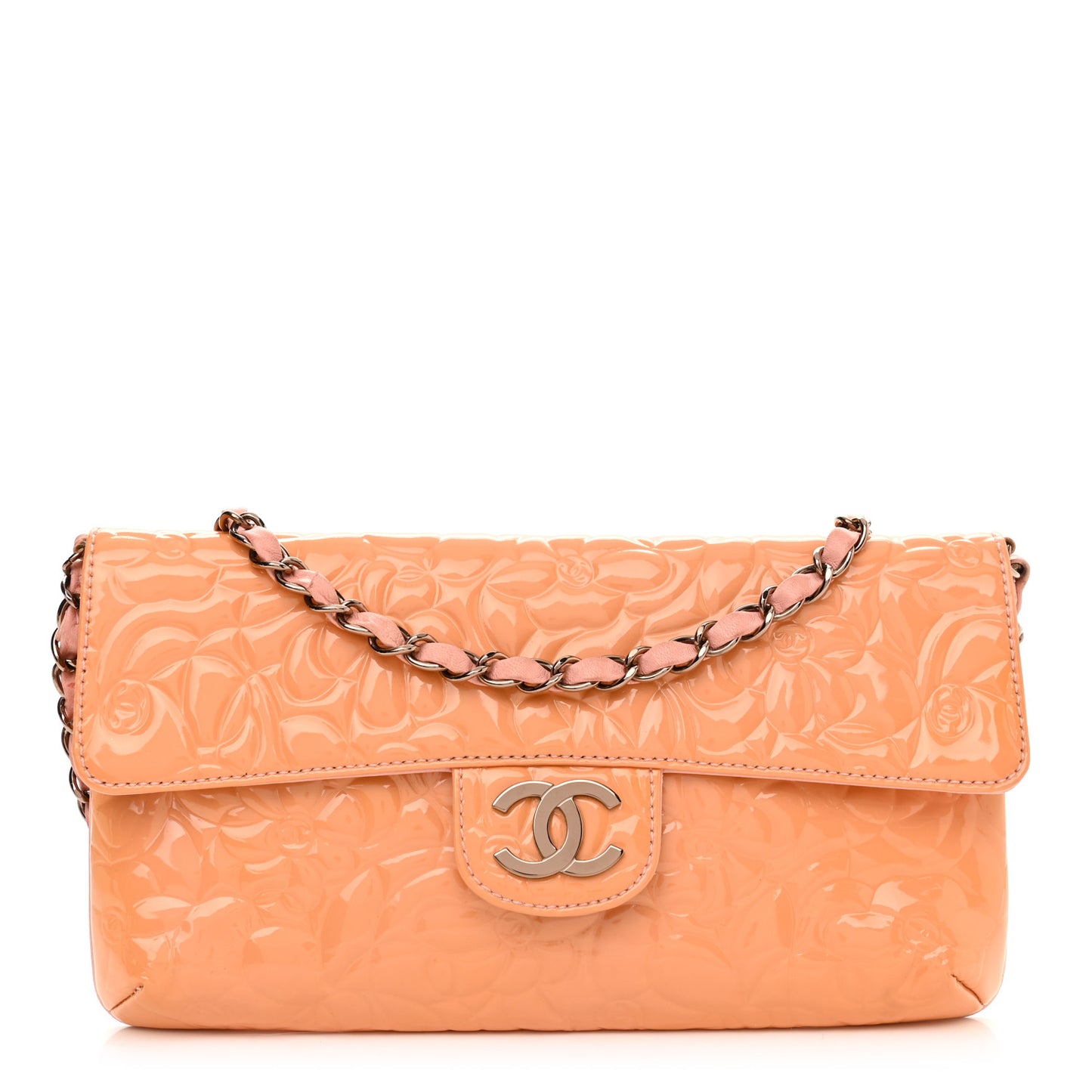Patent Calfskin Camellia Embossed Flap Pochette Pink