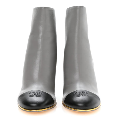Chanel Lambskin Cap Toe Open Wedge Ankle Boots 37.5 Grey Black 3 of 9