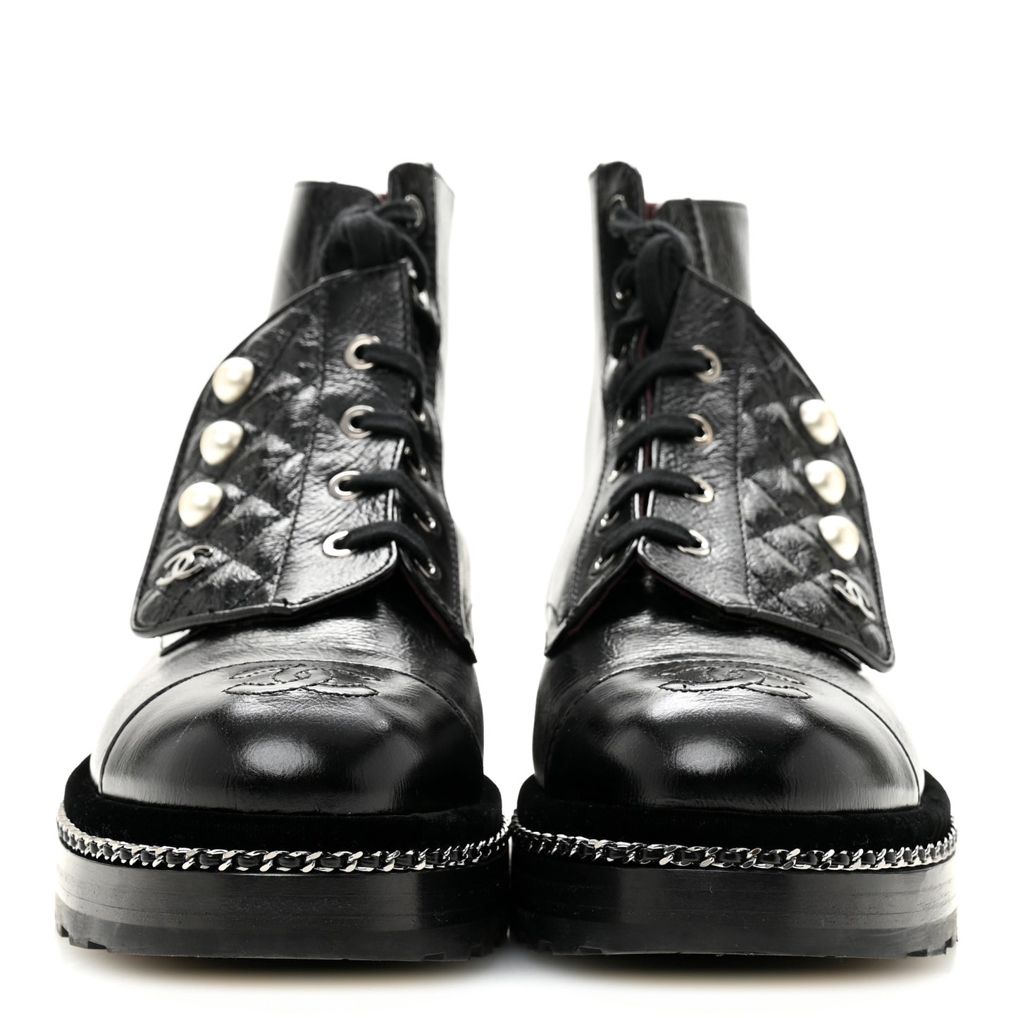 Crackled Calfskin Velvet Pearl Combat Short Boots 38.5 Black