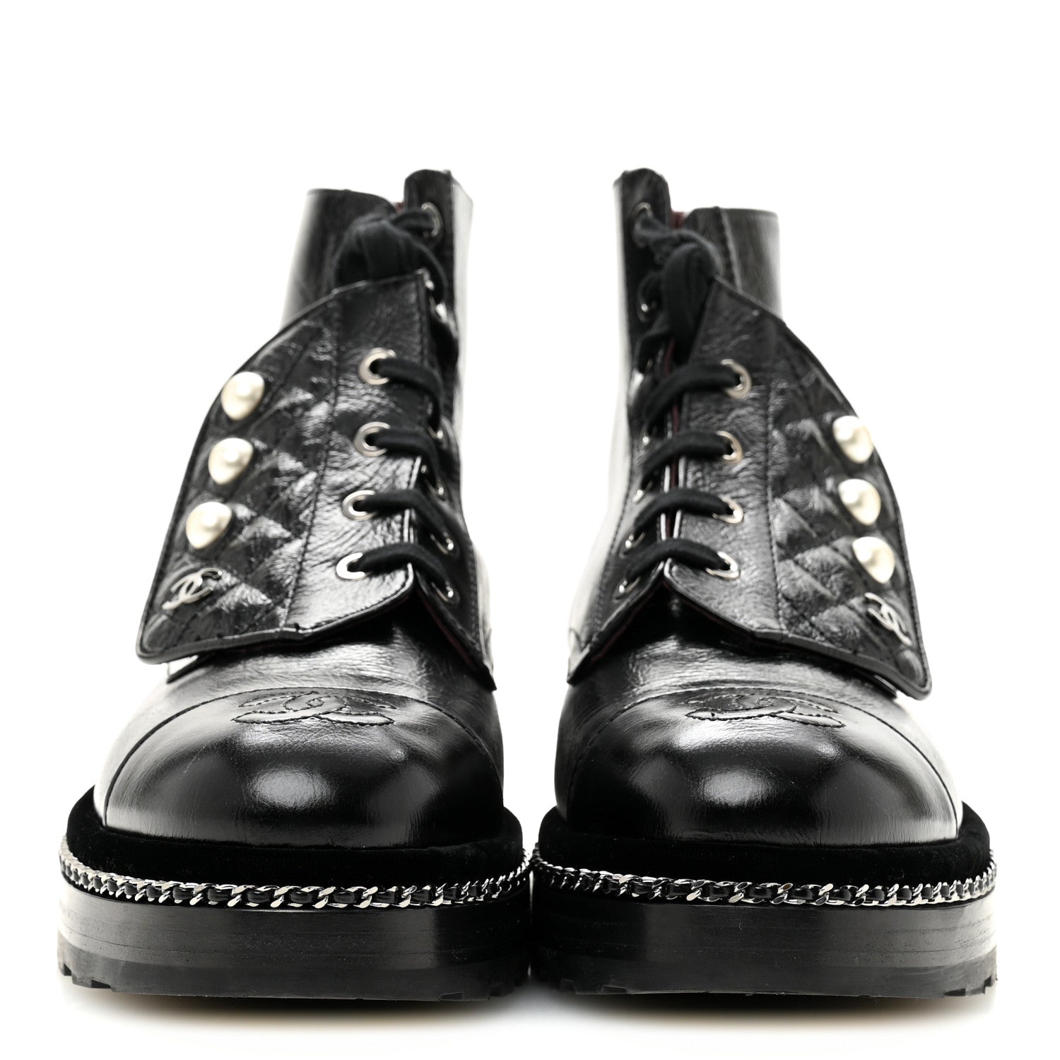 Chanel Crackled Calfskin Velvet Pearl Combat Short Boots 38.5 Black 3 of 10