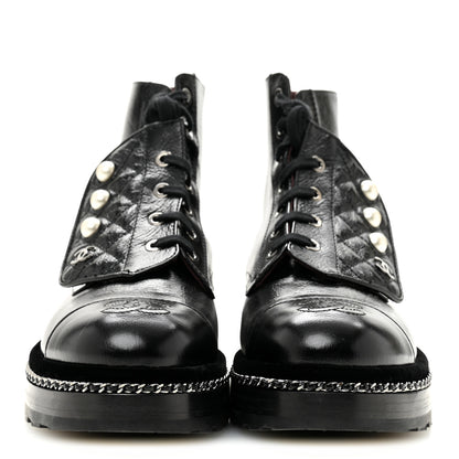 Chanel Crackled Calfskin Velvet Pearl Combat Short Boots 38.5 Black 3 of 10