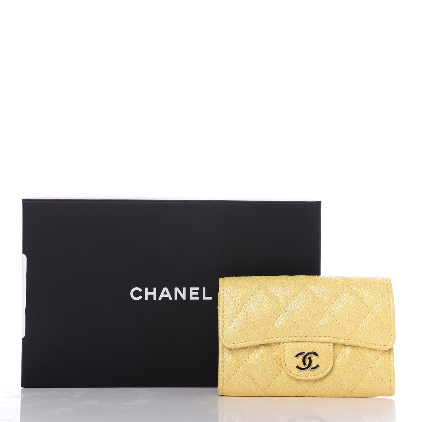 Iridescent Caviar Quilted Flap Card Holder Yellow