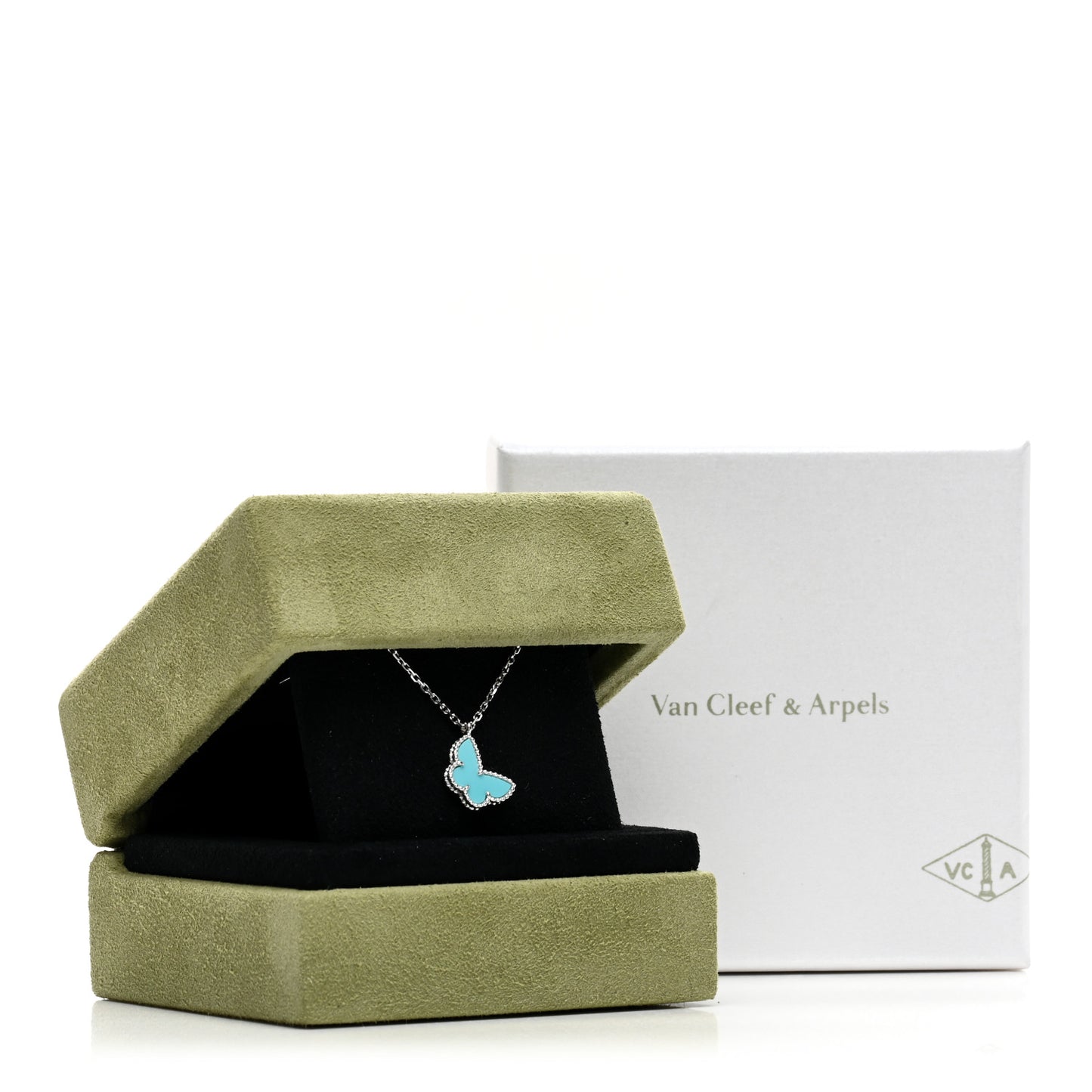 18K White Gold Turquoise Sweet Alhambra Butterfly Pendant Necklace