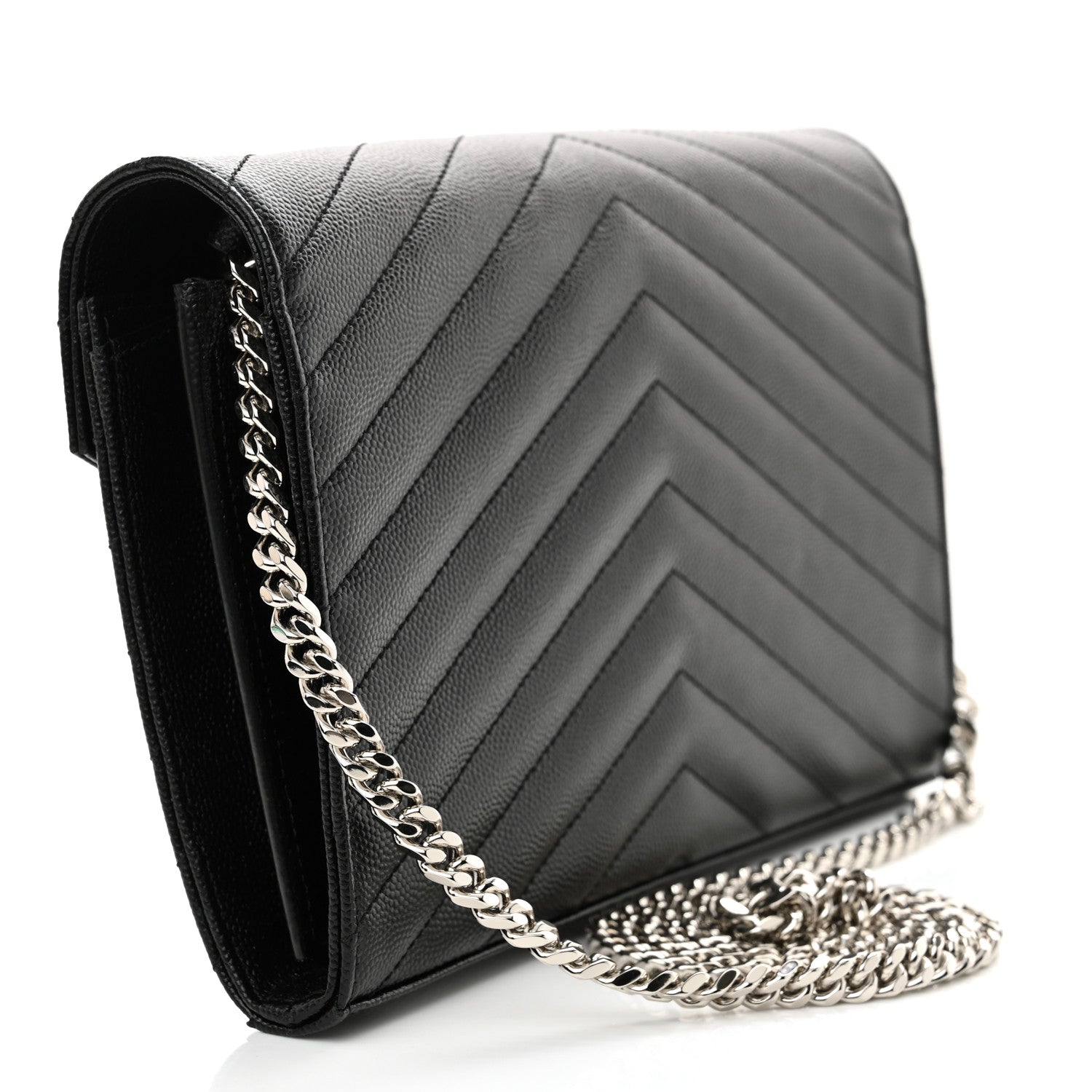 Saint Laurent Grain De Poudre Matelasse Chevron Monogram Chain Wallet Black 3 of 10