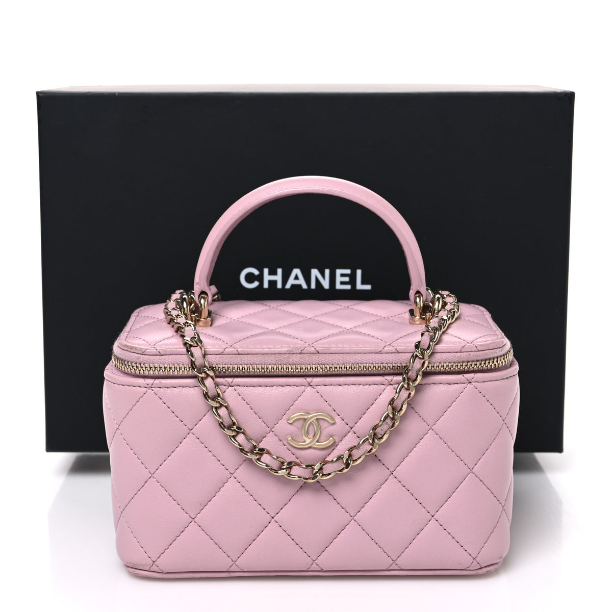 Lambskin Quilted Small Top Handle Vanity Case With Chain Light Pink