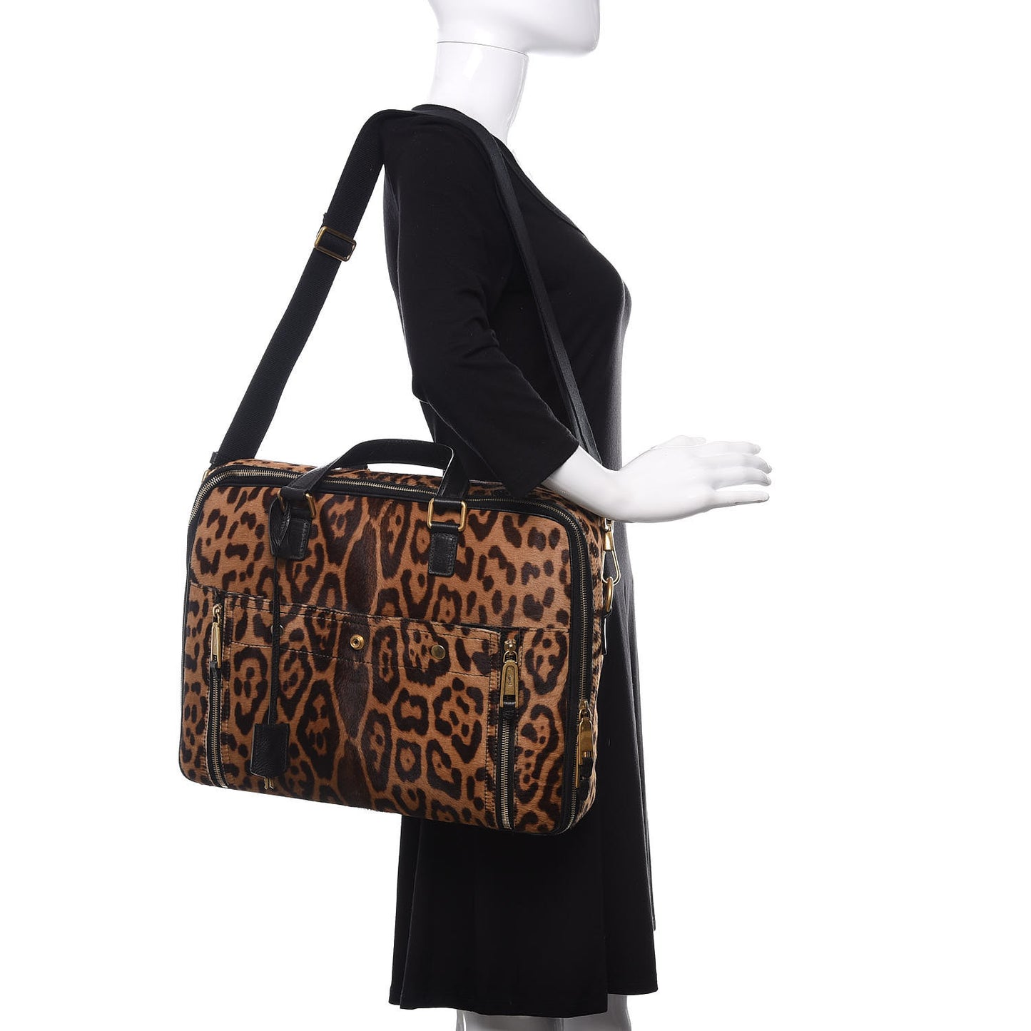 Calfskin Leopard Print Pony Hair Briefcase Black