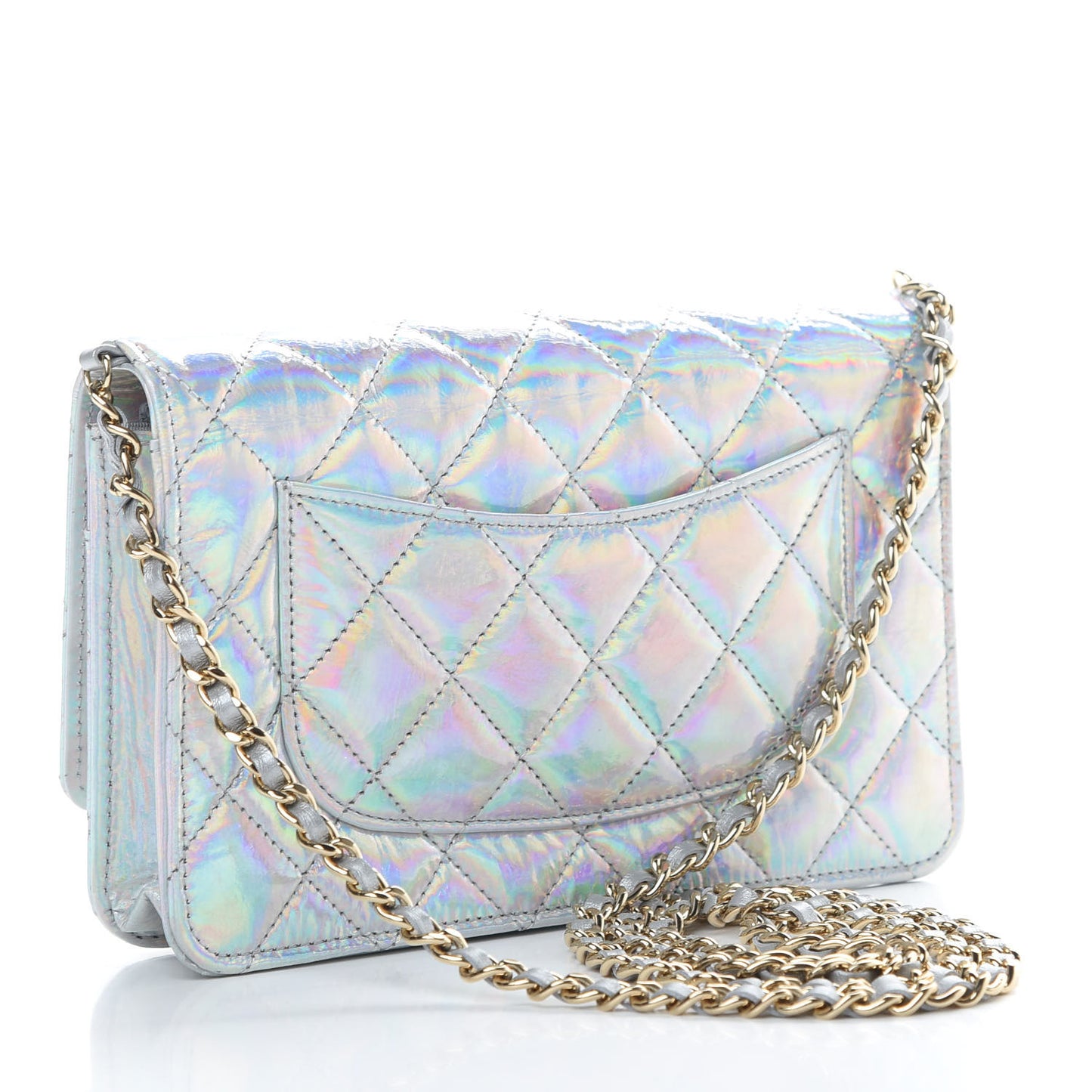 Iridescent Goatskin Quilted Wallet On Chain WOC Silver