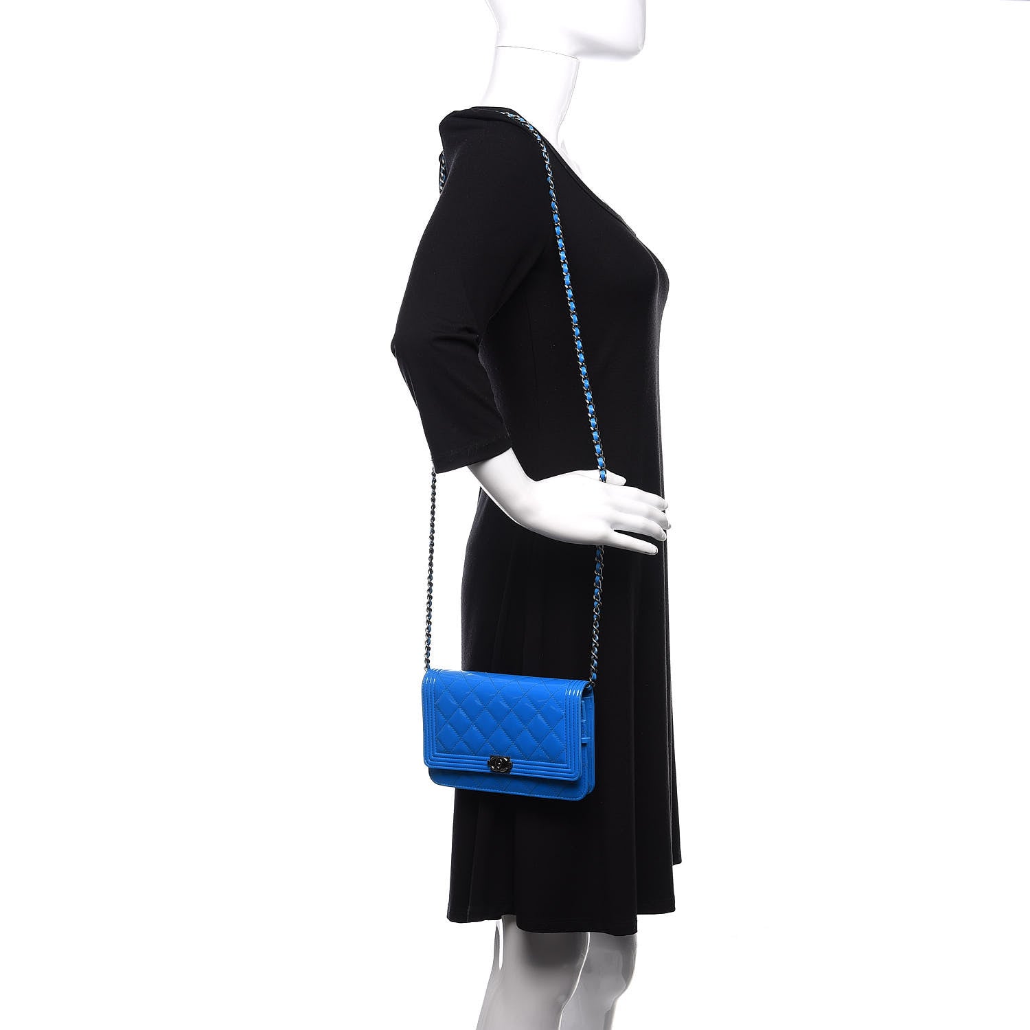 Chanel Patent Calfskin Quilted Boy Wallet On Chain WOC Blue 2 of 12