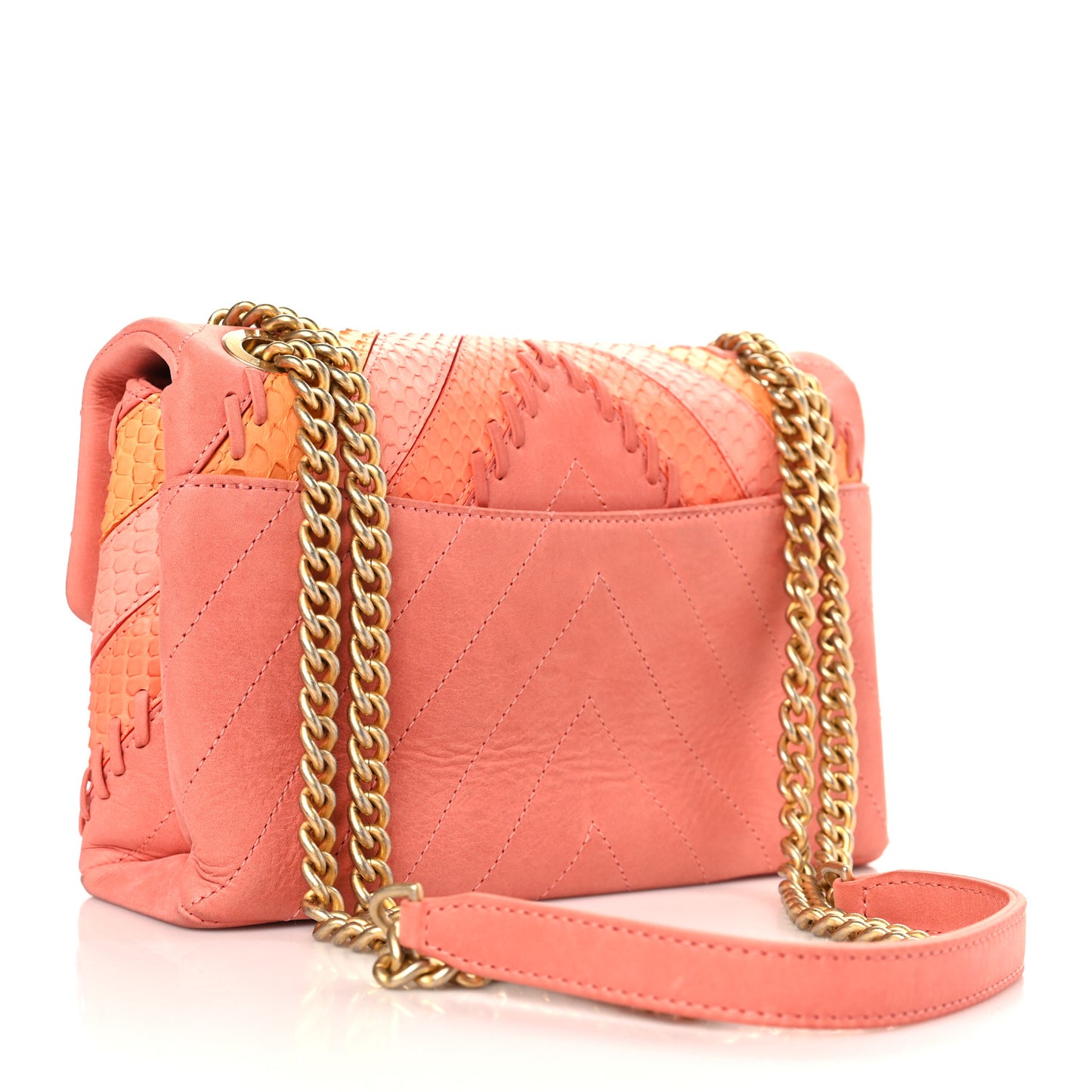 Iridescent Calfskin Snakeskin Patchwork Chevron Flap Coral