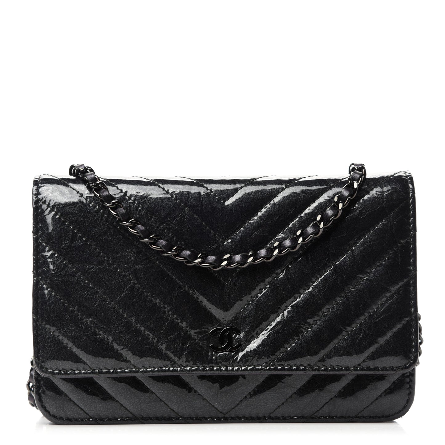 Patent Metallic Crumpled Calfskin Chevron Quilted Wallet On Chain WOC Black
