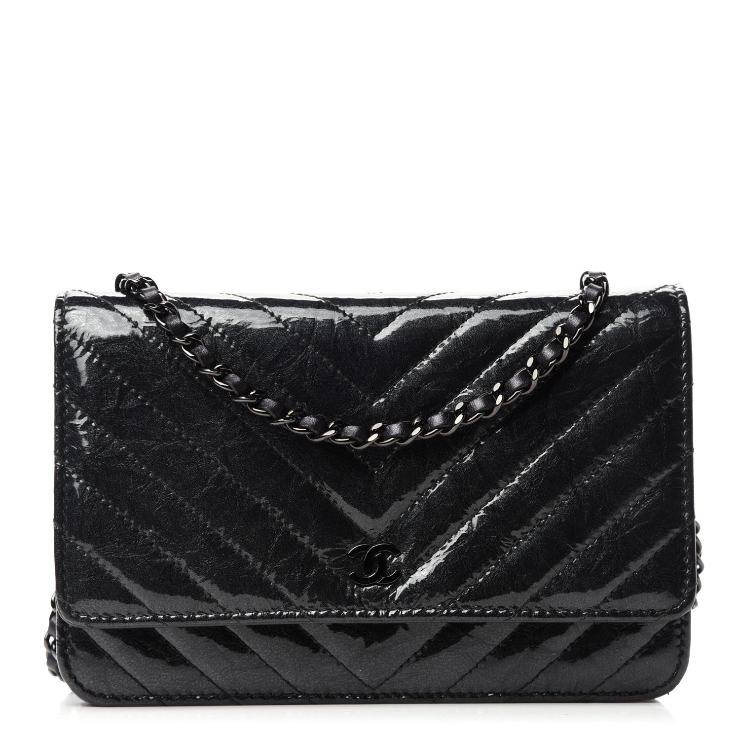 Chanel Patent Metallic Crumpled Calfskin Chevron Quilted Wallet On Chain WOC Black 1 of 14
