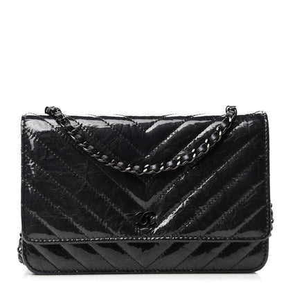 Chanel Patent Metallic Crumpled Calfskin Chevron Quilted Wallet On Chain WOC Black 1 of 14