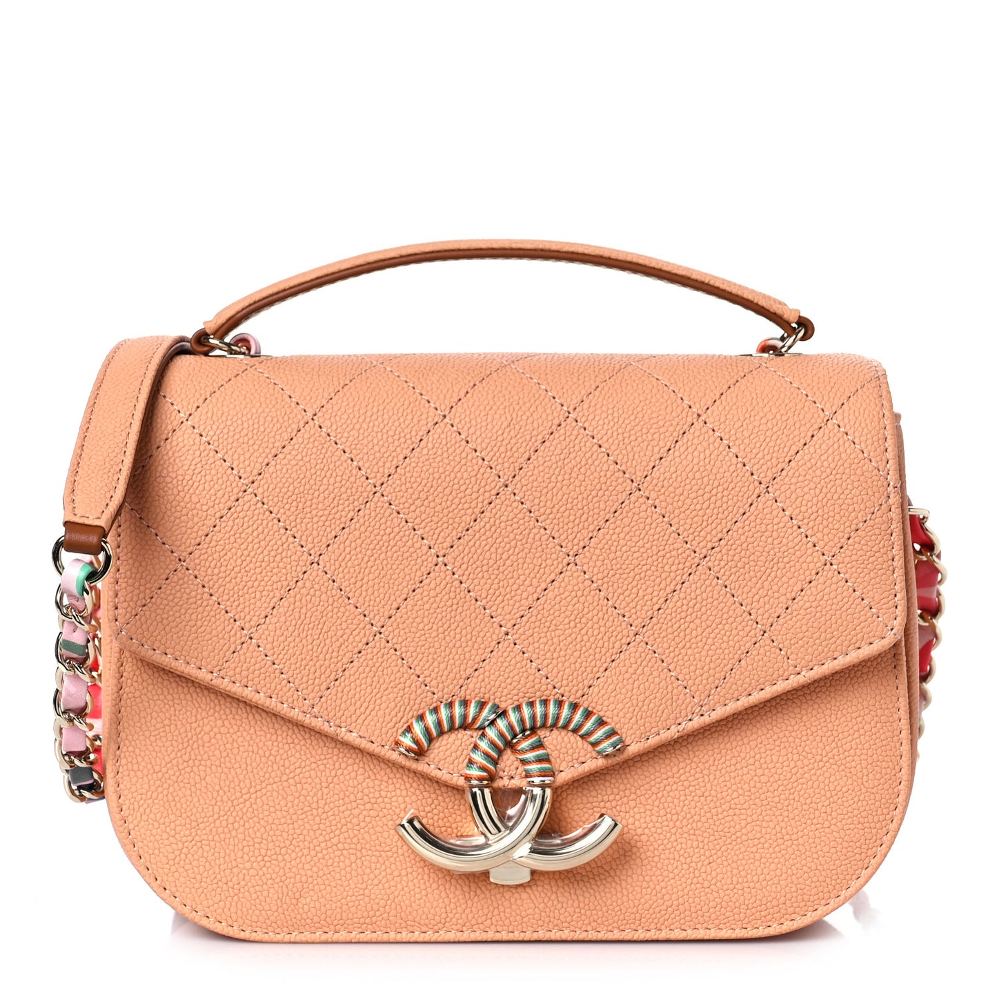Grained Calfskin Quilted Small Cuba Top Handle Flap Coral