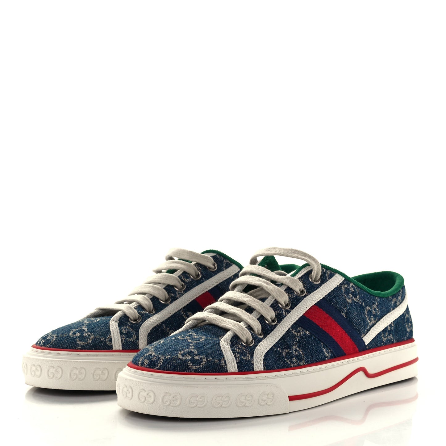 New Denim GG Monogram Web Womens 1977 Tennis Sneakers 38 Blue Tea Mystic White