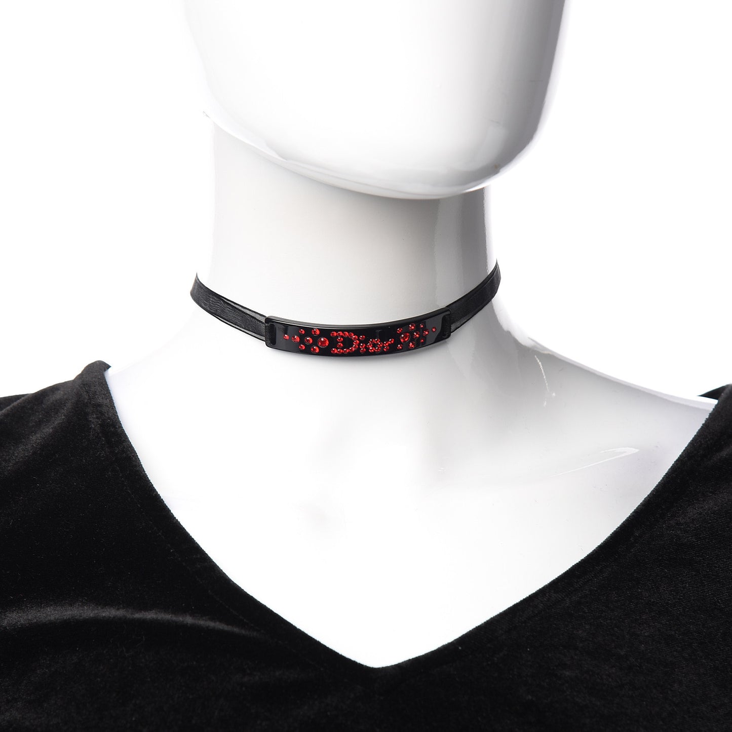 Mesh Ribbon Crystal Dior Logo Choker Necklace Black Red