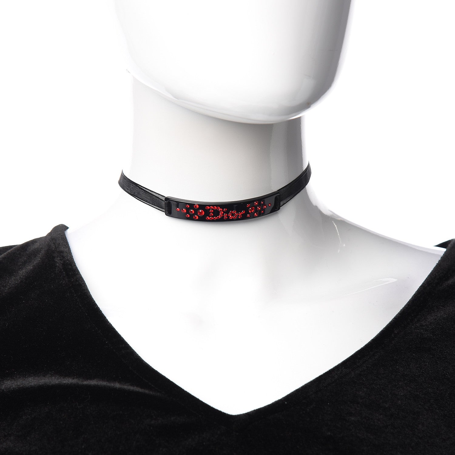 Christian Dior Mesh Ribbon Crystal Dior Logo Choker Necklace Black Red 2 of 4