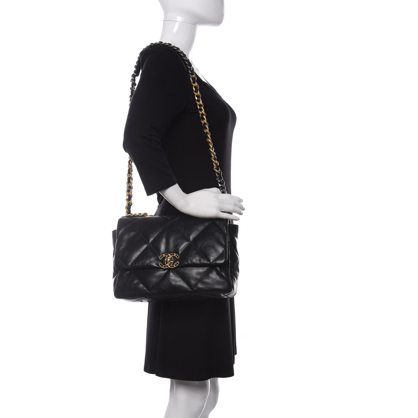 Shiny Goatskin Quilted Large Chanel 19 Flap Black