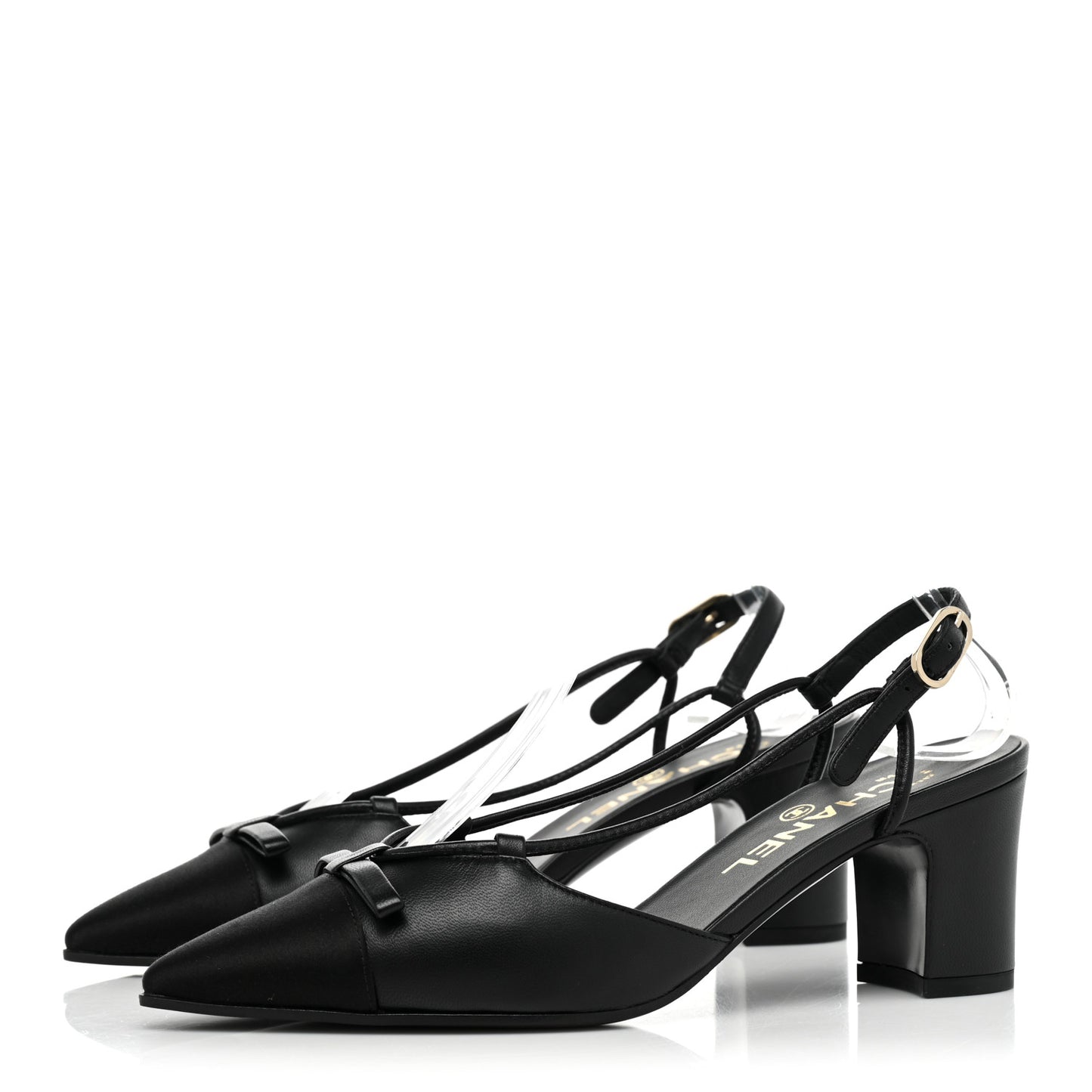 Lambskin Satin Slingback Cap Toe Bow Pumps 36 Black
