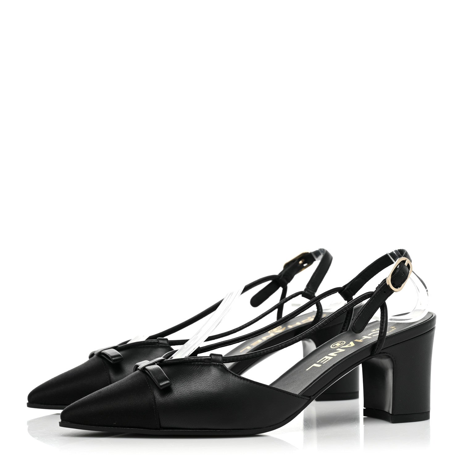 Chanel Lambskin Satin Slingback Cap Toe Bow Pumps 36 Black 3 of 10
