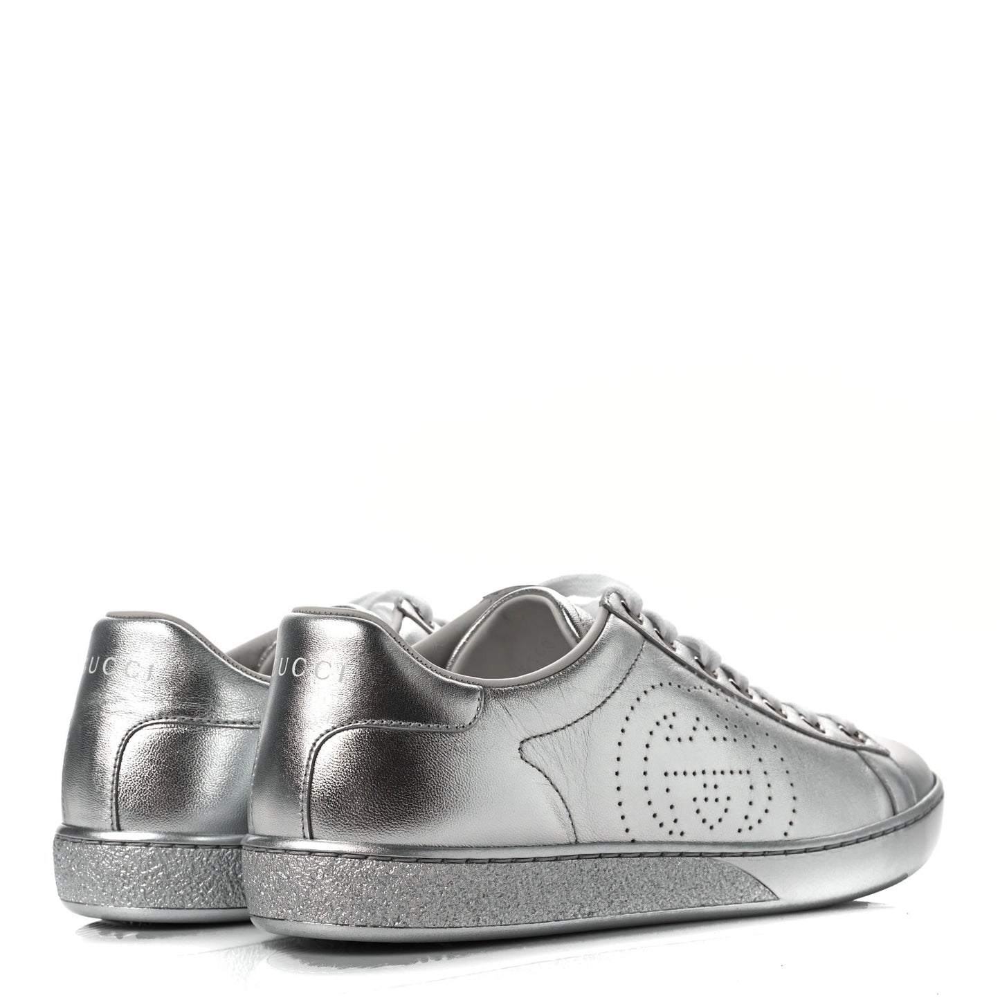 Metallic Nappa Interlocking G Perforated Womens Ace Sneakers 37.5 Silver